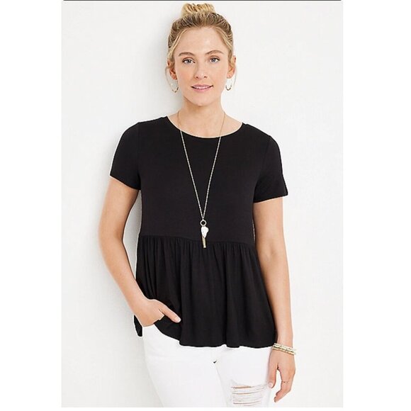 Maurices Women’s Size Small Black Babydoll Top Short Sleeve Peplum Style Tee - Picture 1 of 6